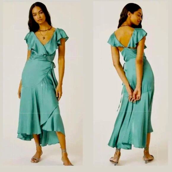 Anthropologie Green Satin Ruffle Wrap Coquette Feminine Midi Maxi Dress XXS NWT - Picture 2 of 12